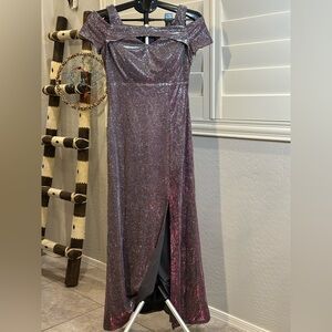 Night Way Collections Fushia Silver Off-Shoulder Prom Dress Sparkle and Shine